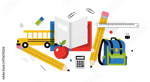 Back to School Essentials Illustration of School Supplies and a Bus