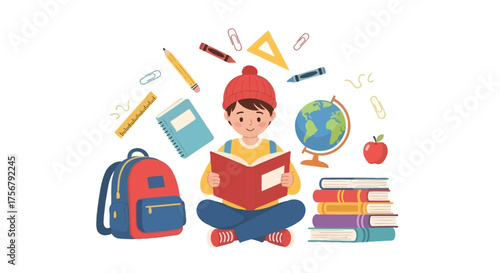 Illustration of a Boy Reading Surrounded by School Supplies for Back to School Season