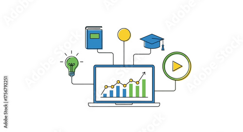 E-Learning Success Book, Video, and Graduation Cap Connected to Laptop with Chart