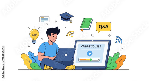 E-learning illustration Man taking online courses, education concept