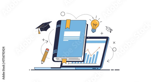 Online Education Success Book on Laptop with Graduation Cap and Lightbulb