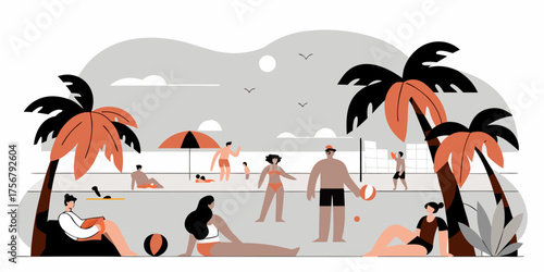 Vibrant Beach Scene with People Playing Volleyball Sunbathing Reading and Relaxing Under Palm Trees Flat Vector Illustration People Enjoying Summer Vacation at Seaside Beach Holiday