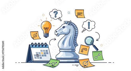 Strategic Planning Chess Knight with Idea Bulb, Calendar, and Research Tools