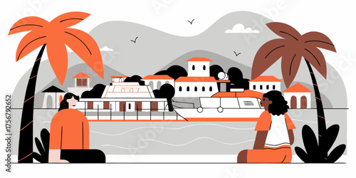 Peaceful Waterside Scene with Two Women Sitting Admiring Boats and Buildings Flat Vector Illustration Serene Coastal View with Boat Houses and Buildings