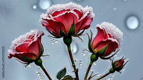 Vibrant Red Roses Adorned with Sparkling Ice Crystals Against a Soft Gray Background Capture the Essence of Winter's Delicate Beauty