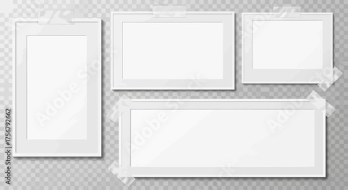 Photo frame mockup set attached with adhesive tape, realistic empty frame