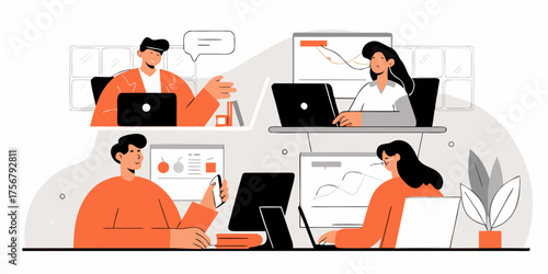Modern Business Collaboration Illustration Featuring Digital Workspace Teamwork Meeting and Online Communication Among Coworkers Remote Project Management and Virtual Office Environment
