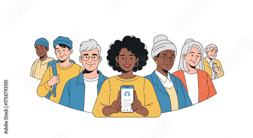 Diverse group of people of various ages and ethnicities gathered together with a smartphone, representing community and connection