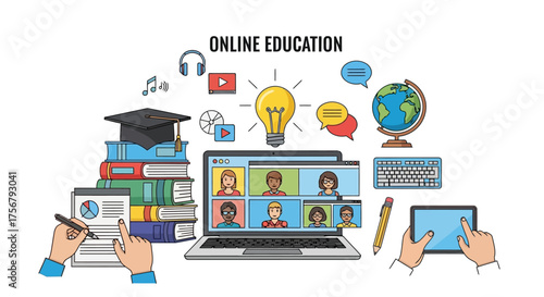 Online Education Concept Illustration with Laptop, Books, and Lightbulb