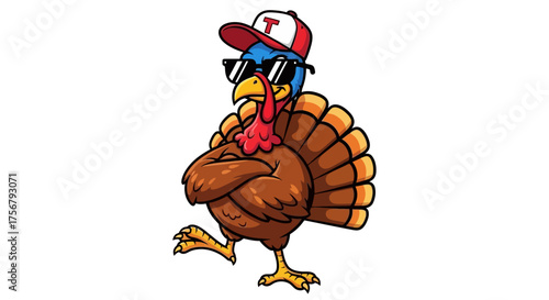 Cool Turkey Cartoon Character with Sunglasses and Hat for Thanksgiving