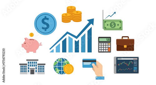 Financial growth concepts illustrated with banking, investment, and savings icons