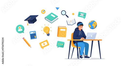 Student Studying Online with Education-Themed Icons Surrounding Him