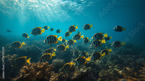 Wallpaper Mural Underwater World A Vibrant School of Fish Swimming Above a Coral Reef with Sun Rays Piercing Through the Water Torontodigital.ca