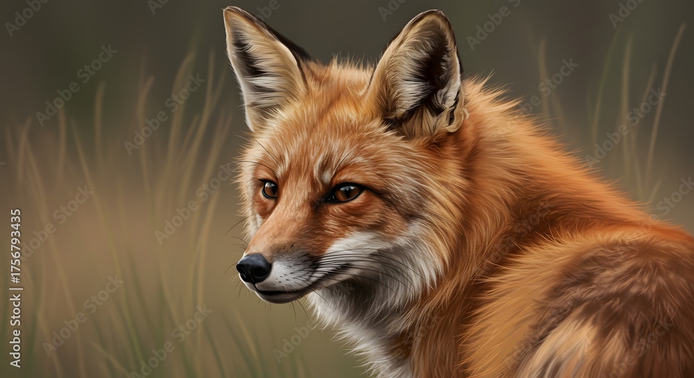 Fototapeta premium A fox is visible facing left in a grassy area The artwork shows fine detail