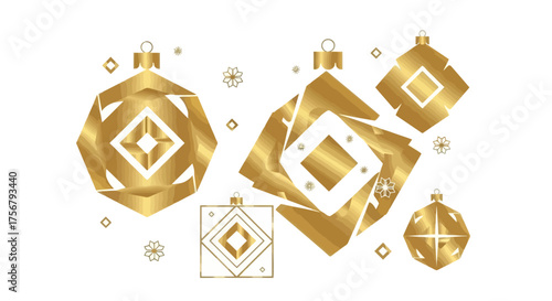 Golden Geometric Christmas Ornaments with Snowflakes - Festive Holiday Design Elements
