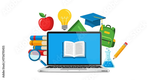 E-learning and distance education concept with a laptop computer surrounded by academic icons like books, a graduation cap, and a lightbulb