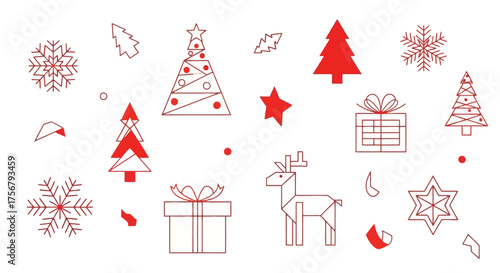 Festive red Christmas icons set with snowflakes, trees, deer, and gifts for holiday decorations and design elements