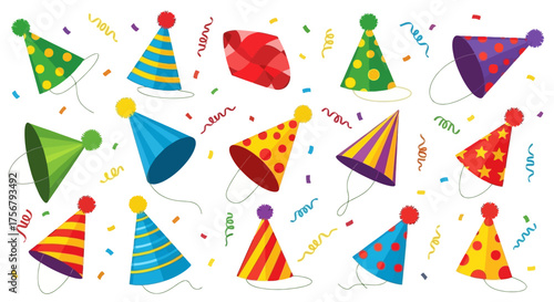 A vibrant collection of colorful party hats scattered amidst festive confetti, perfect for celebrating any joyous occasion or birthday