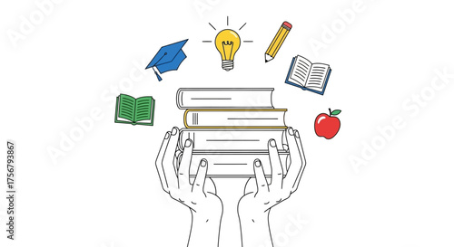 Hands holding books with educational symbols floating above.