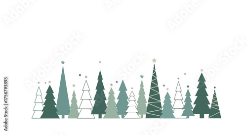 A festive arrangement of stylized evergreen trees in varying shades of green, adorned with small golden star toppers, creating a charming winter wonderland scene