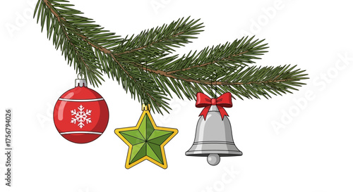 Festive Holiday Decorations Christmas Tree Branch with Ornaments, Star, Bell, and Bow for Celebrations