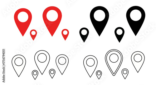 Collection of Map Location Pointers, Red and Black, Outline and Filled Styles