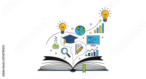 Open Book with Educational and Business Icons Illustration.