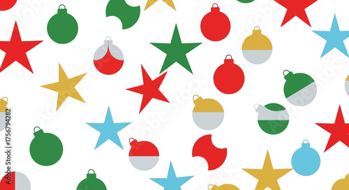 Festive Christmas ornaments and stars scattered on a white background creating a joyful holiday pattern.
