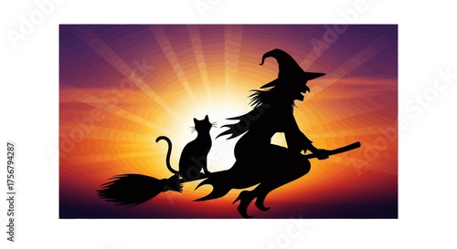 Silhouette of a witch flying on a broom with her black cat against a sunset background