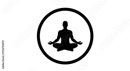 Silhouette of a person meditating in a lotus pose inside a distressed circular frame symbolizing peace balance and spiritual practice isolated on white background