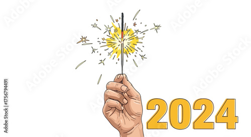 Hand holding a sparkler with the year 2024 displayed celebrating the New Year.