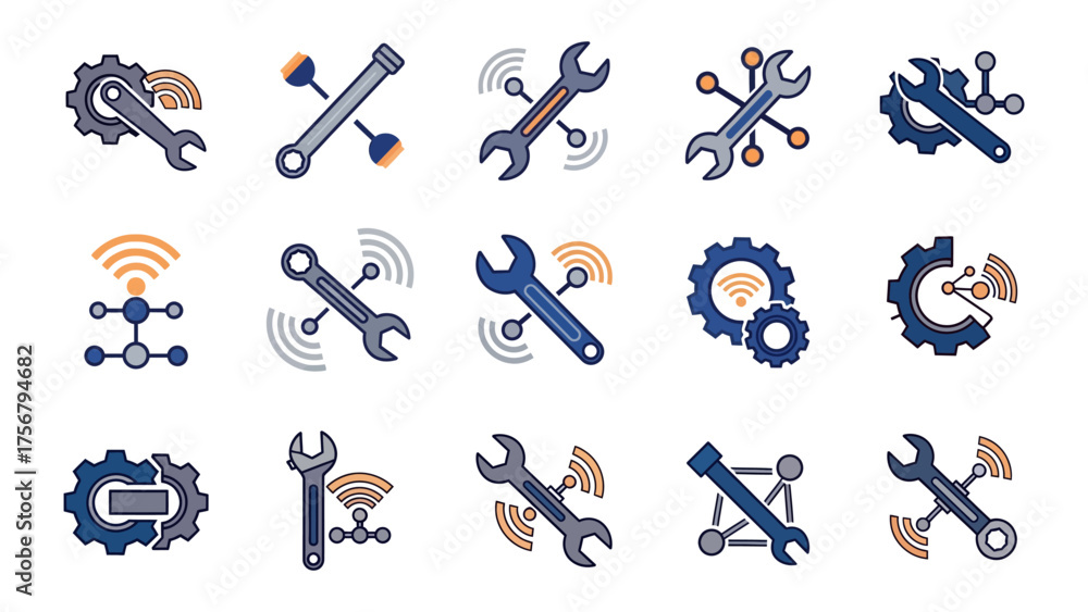 Fototapeta premium Set Of Engineering And Maintenance Icons Featuring Gears, Wrenches, Tools, And Wireless Signals