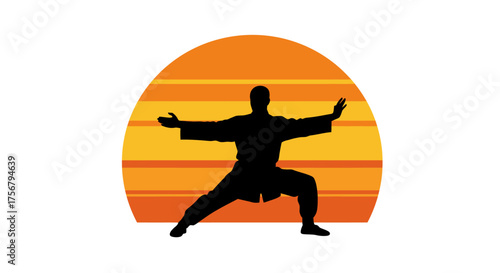 Silhouette of a person practicing martial arts in a wide stance against a vibrant orange sunset circle with horizontal lines symbolizing tranquility and discipline isolated on white background