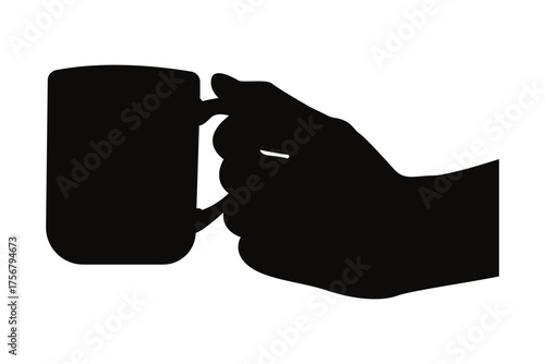 Black silhouette of a hand holding a coffee mug. Perfect vector illustration for cafe logo, beverage brand, or morning coffee design.