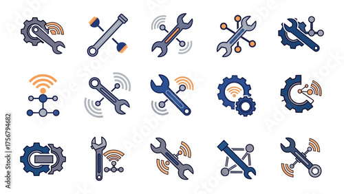 Set Of Engineering And Maintenance Icons Featuring Gears, Wrenches, Tools, And Wireless Signals