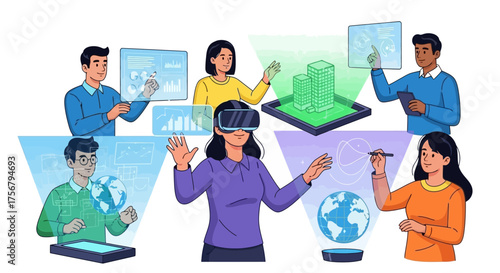 People interacting with virtual reality and augmented reality technologies.