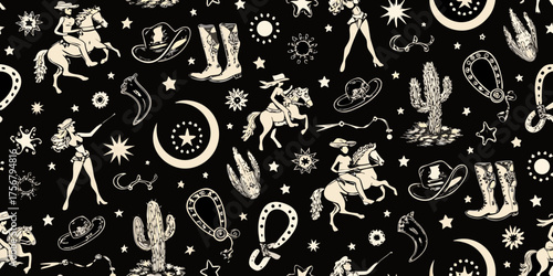 Whimsical western cowboy and cowgirl pattern with horses cacti and stars on black background