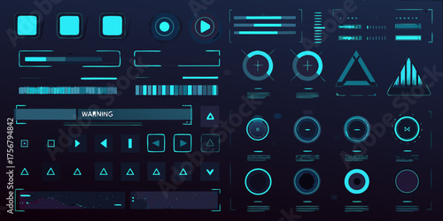 Futuristic digital interface elements with glowing cyan lines on a dark background