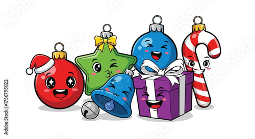 Cheerful Christmas Ornaments Festive Cartoon Characters for Holiday Cheer and Decorations
