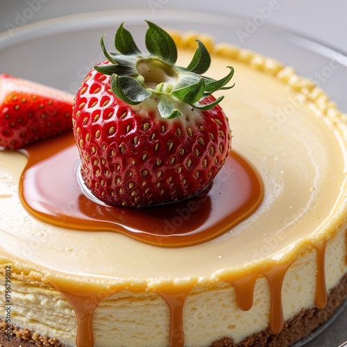 Caramel Drizzle Cheesecake with Fresh Strawberry 
Decadent Cheesecake Topped with Caramel and a Single Strawberry (67 characters)
Golden Cheesecake Perfection strawberry