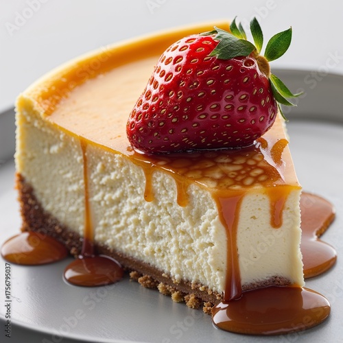 Caramel Drizzle Cheesecake with Fresh Strawberry (
Decadent Cheesecake Topped with Caramel and a Single Strawberry 
Golden Cheesecake Perfection strawberry 