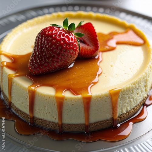 Caramel Drizzle Cheesecake with Fresh Strawberry 
Decadent Cheesecake Topped with Caramel and a Single Strawberry 
Golden Cheesecake Perfection strawberry