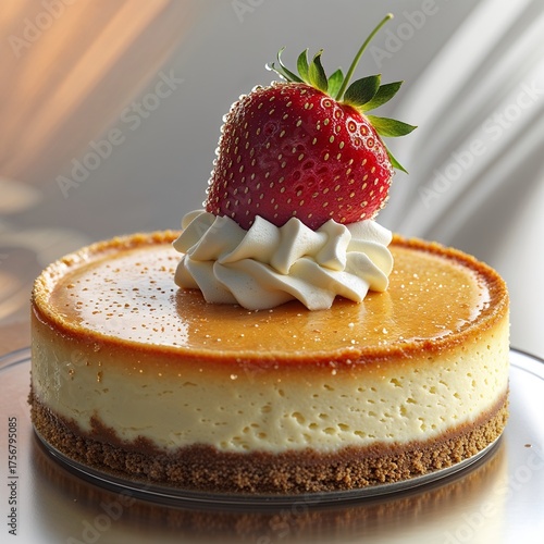 Caramel Drizzle Cheesecake with Fresh Strawberry
Decadent Cheesecake Topped with Caramel and a Single Strawberry 
Golden Cheesecake Perfection strawberry 
