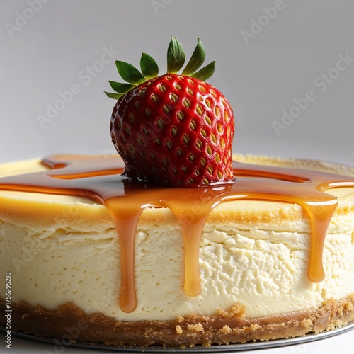 Caramel Drizzle Cheesecake with Fresh Strawberry 
Decadent Cheesecake Topped with Caramel and a Single Strawberry 
Golden Cheesecake Perfection 
Strawberry