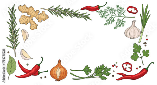 An assortment of fresh culinary herbs and spices arranged in a border.