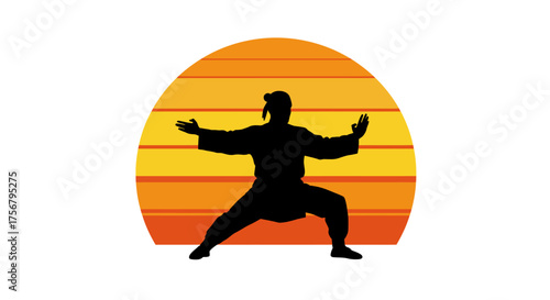 Silhouette of a martial artist in a dynamic stance against a vibrant retro sunset symbolizing inner peace discipline and strength. isolated on white background