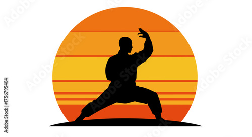 Silhouette of a martial artist performing a dynamic stance against a vibrant striped sunset background symbolizing power and discipline isolated on white background