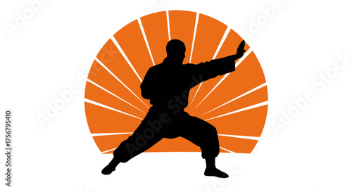 Martial arts warrior silhouette in dynamic stance against radiant sunrise symbolizing strength discipline and eastern philosophy abstract art isolated on white background