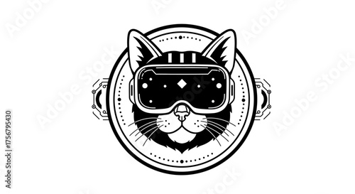 Futuristic cat wearing vr goggles emblem for gaming technology metaverse brands logo design isolated on white background
