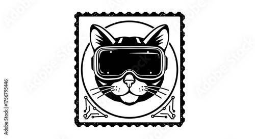 Stylized cat wearing futuristic vr goggles as a digital art postage stamp emblem in a retro stamp frame isolated on white background